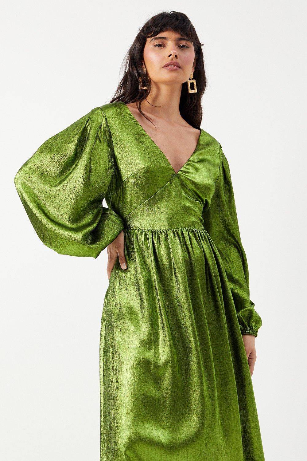 Warehouse Metallic V Neck Open Back Midi Dress Green image 2