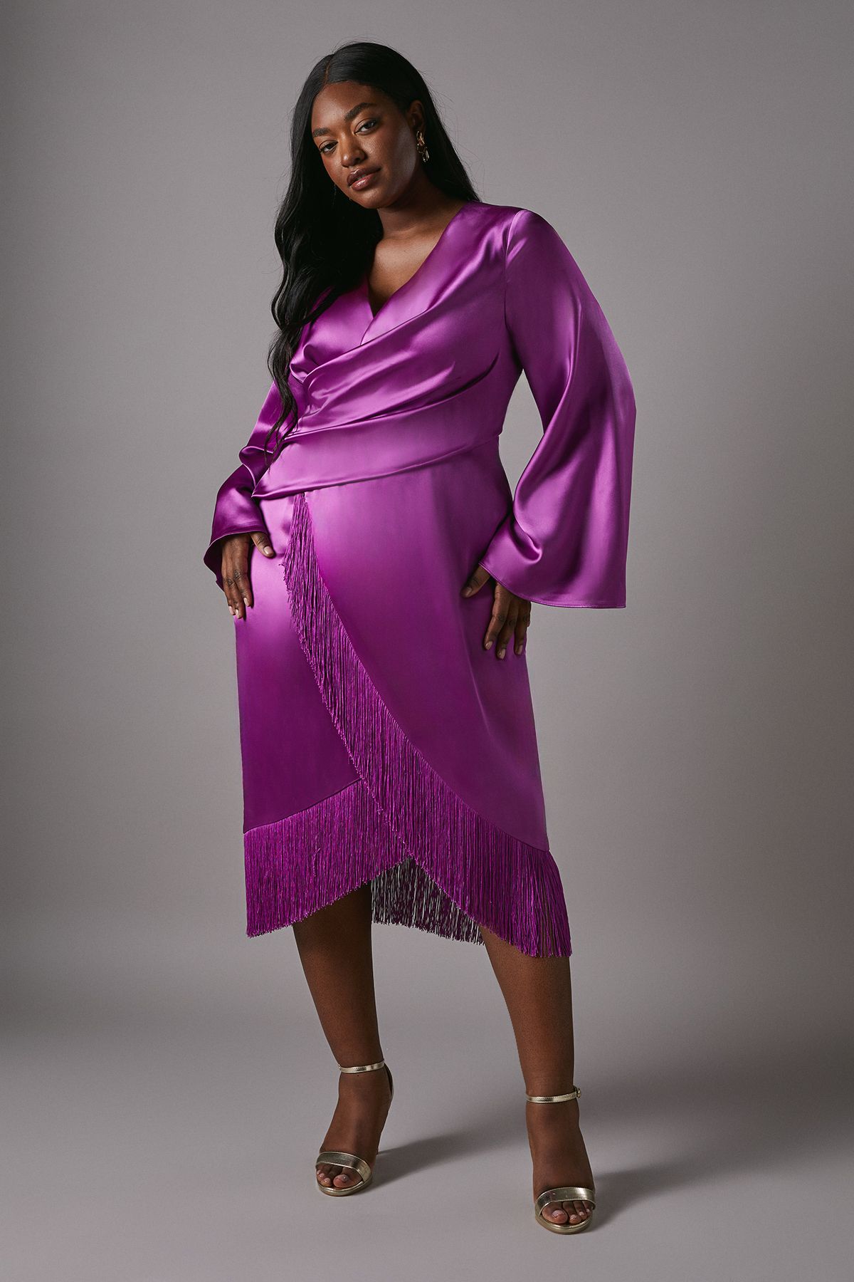 Coast Plus Satin Wrap Dress With Fringe Detail Purple image 1