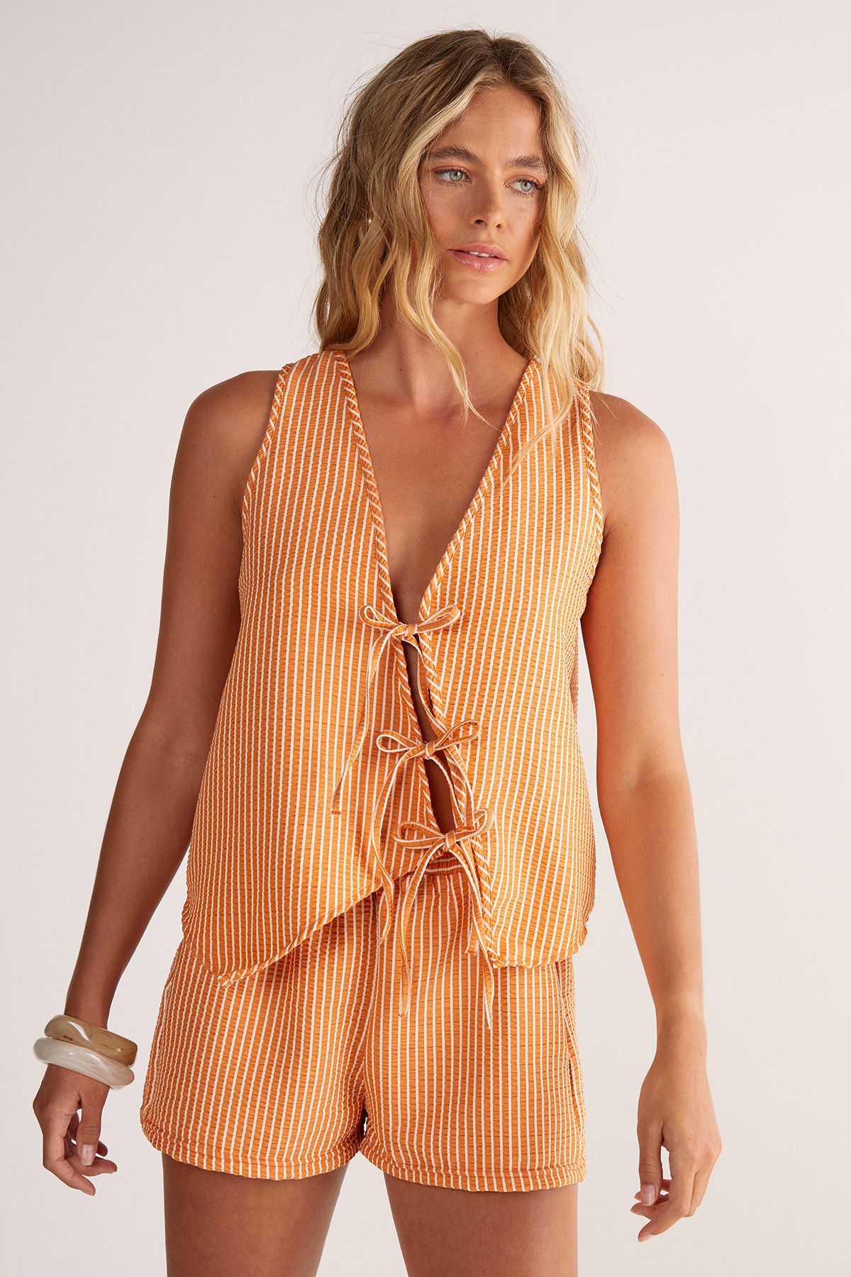 NastyGal Textured Stripe Asymmetric Tie Front Vest Orange