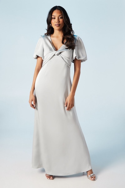 Coast Twist Detail Puff Sleeve Satin Bridesmaid Maxi Dress Sage