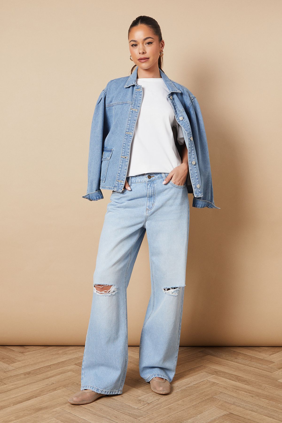 Oasis Denim Straight Leg Jean With Rips Light Wash image 1