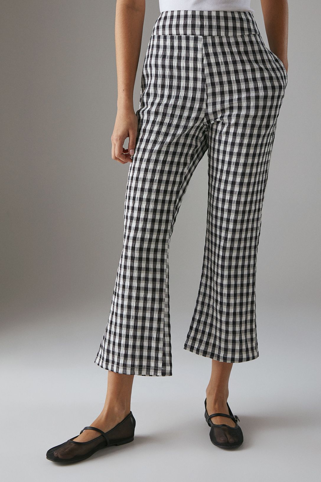 Warehouse Gingham High Waisted Cropped Trousers Black image 1