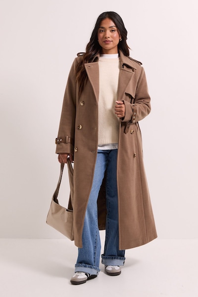 Dorothy Perkins Petite Cuff Detail Buttoned Longline Coat Mocha
