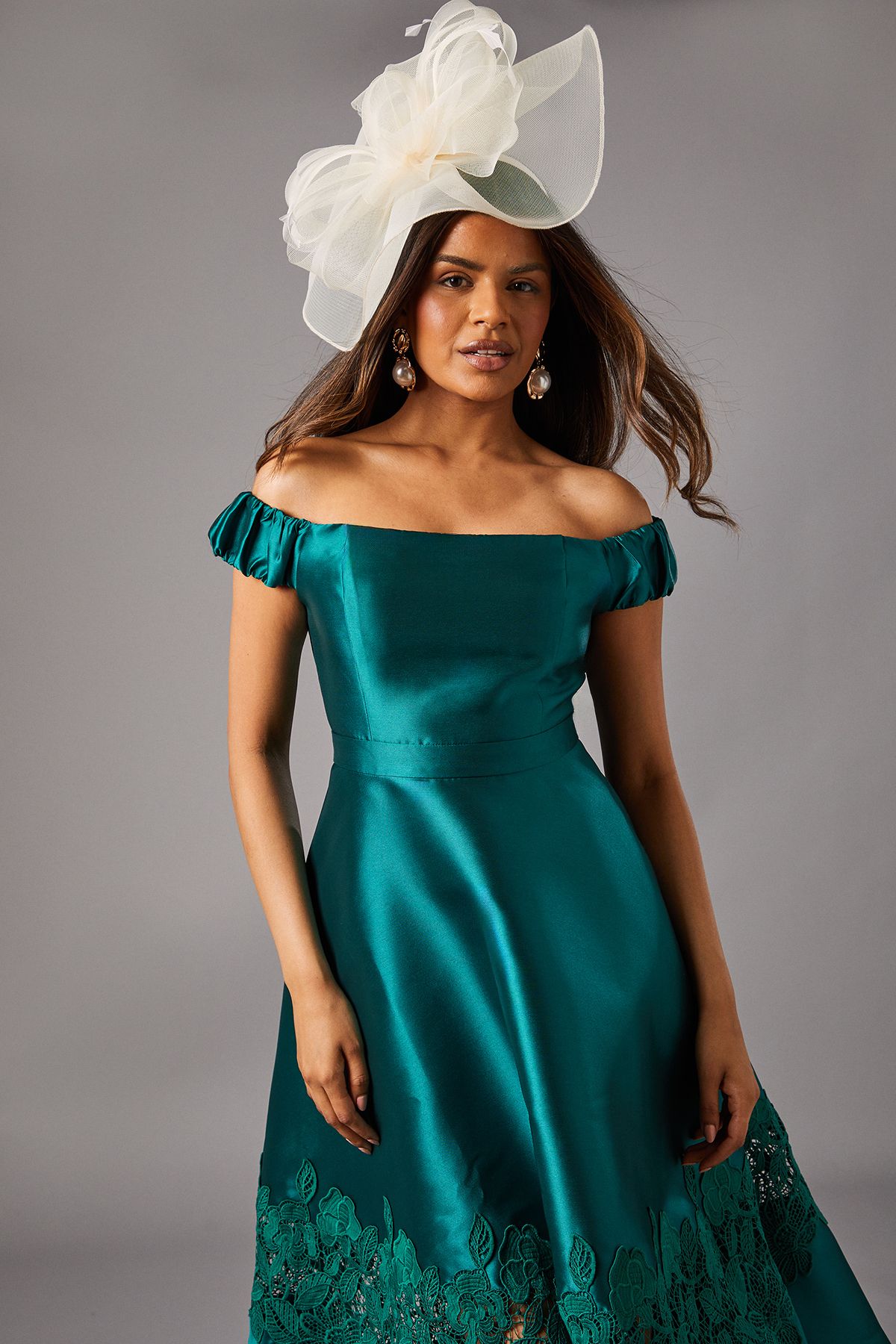 Coast Petite Bardot Twill Midi Dress With Lace Trim Emerald image 2