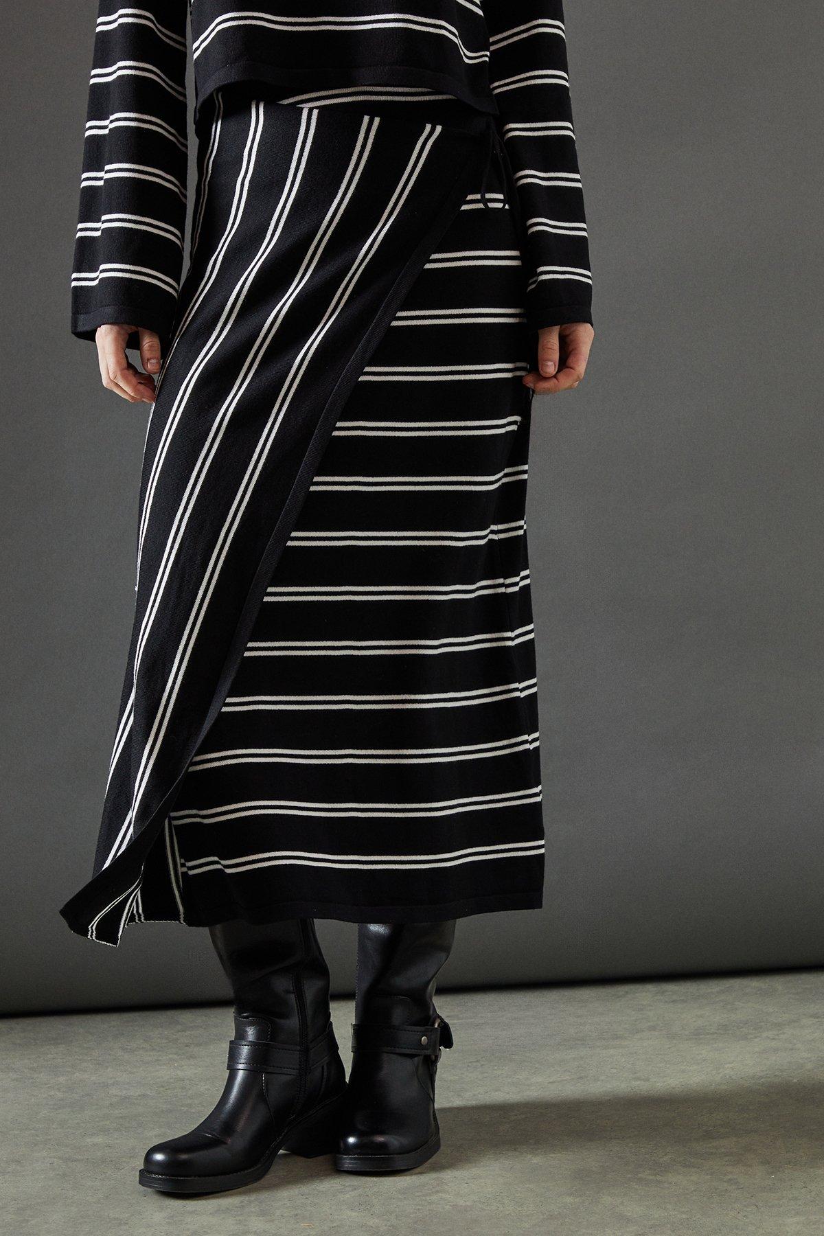 Warehouse Black Stripe Knitted Wrap Skirt Co Ord PLT