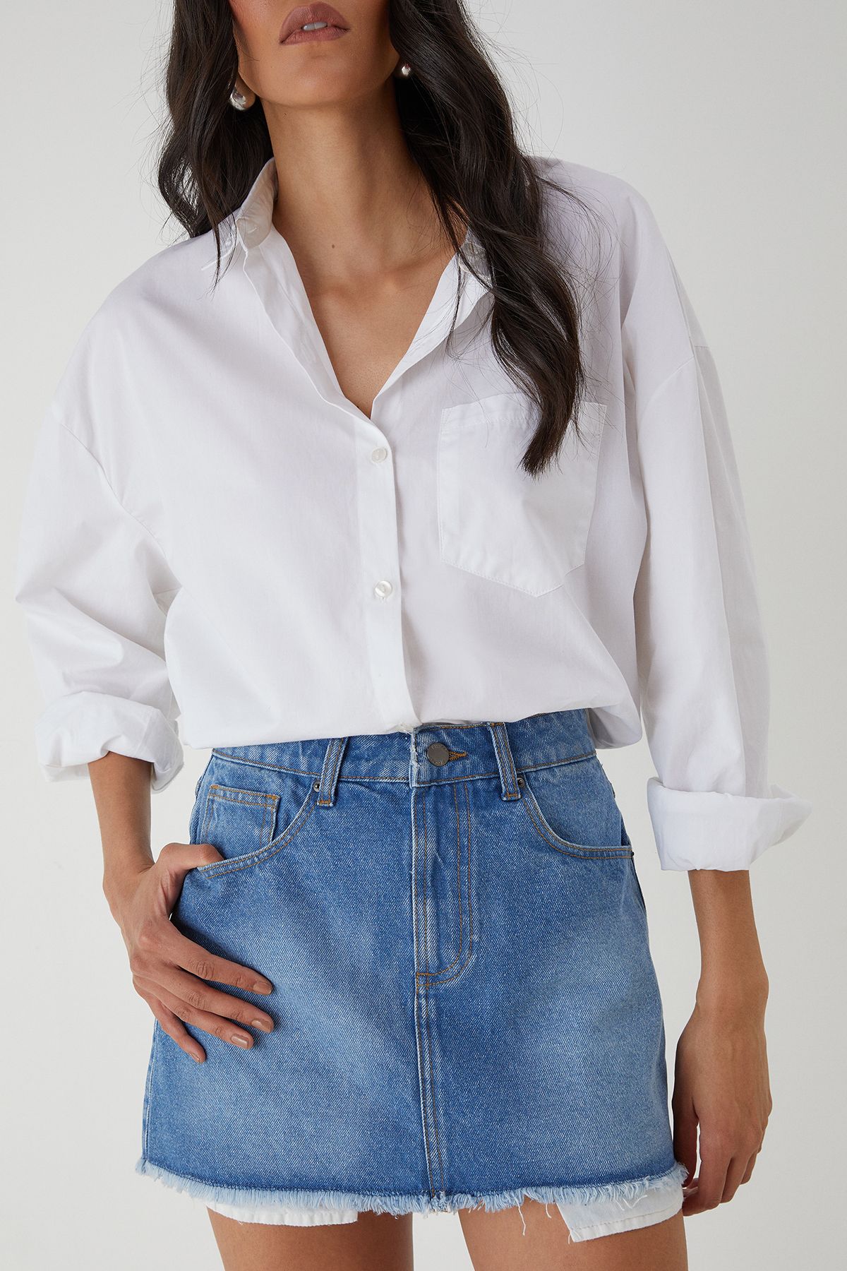 MissPap Denim Mini Skirt With Exposed Pocket Lining Mid Wash image 3