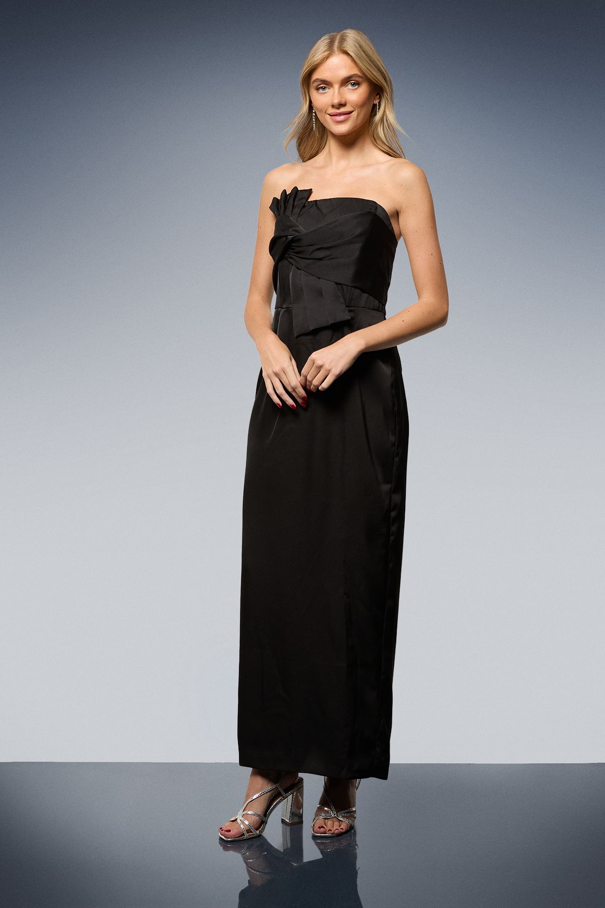 Oasis Satin Bow Front Bandeau Midi Dress Black