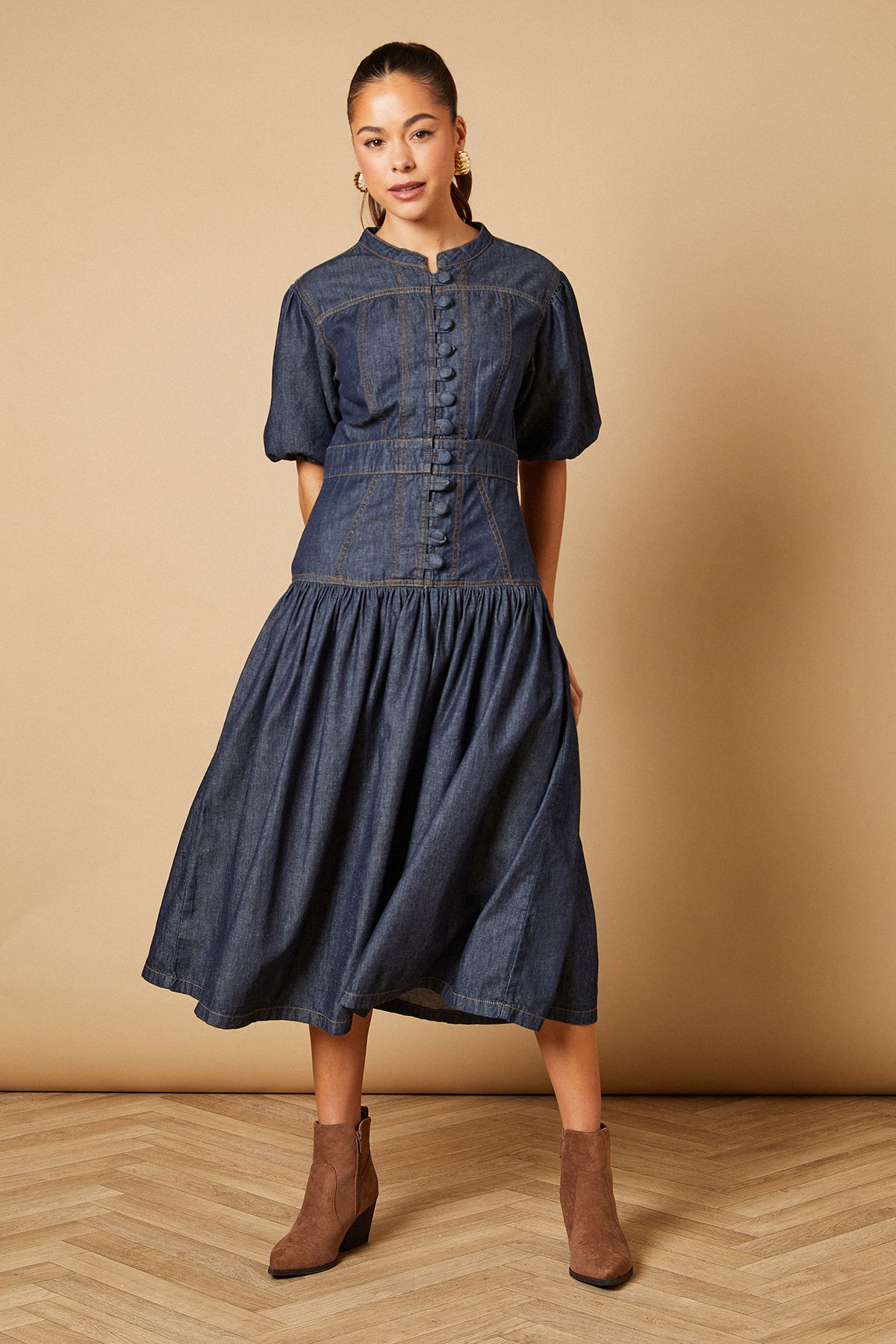 Oasis Drop Waist Button Up Denim Midi Dress Dark Wash image 2