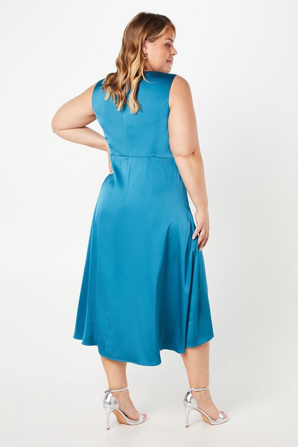 Coast Plus Satin Tie Waist Detail Midi Wedding Guest Dress Teal image 3