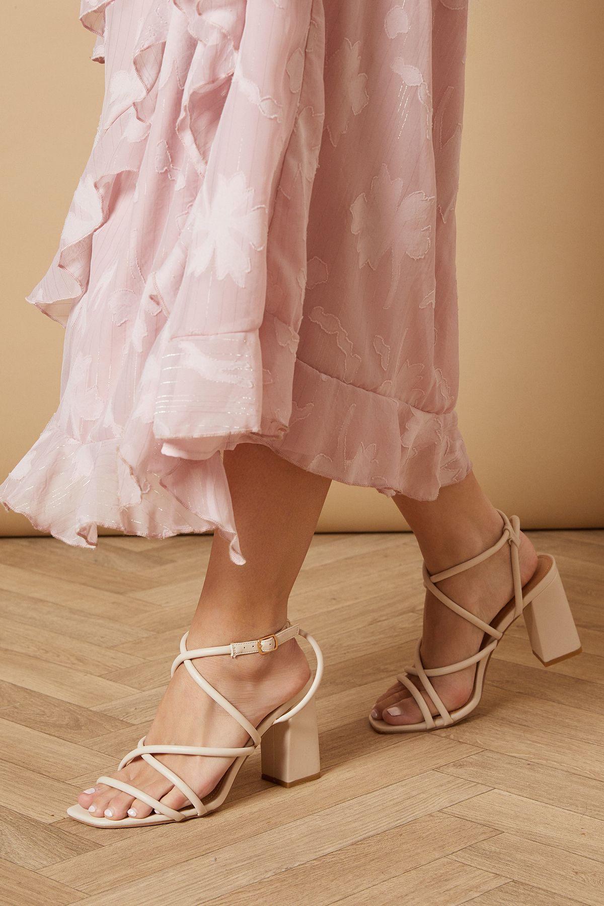 Oasis Molly Faux Leather Strappy High Block Heeled Sandals Beige image 2