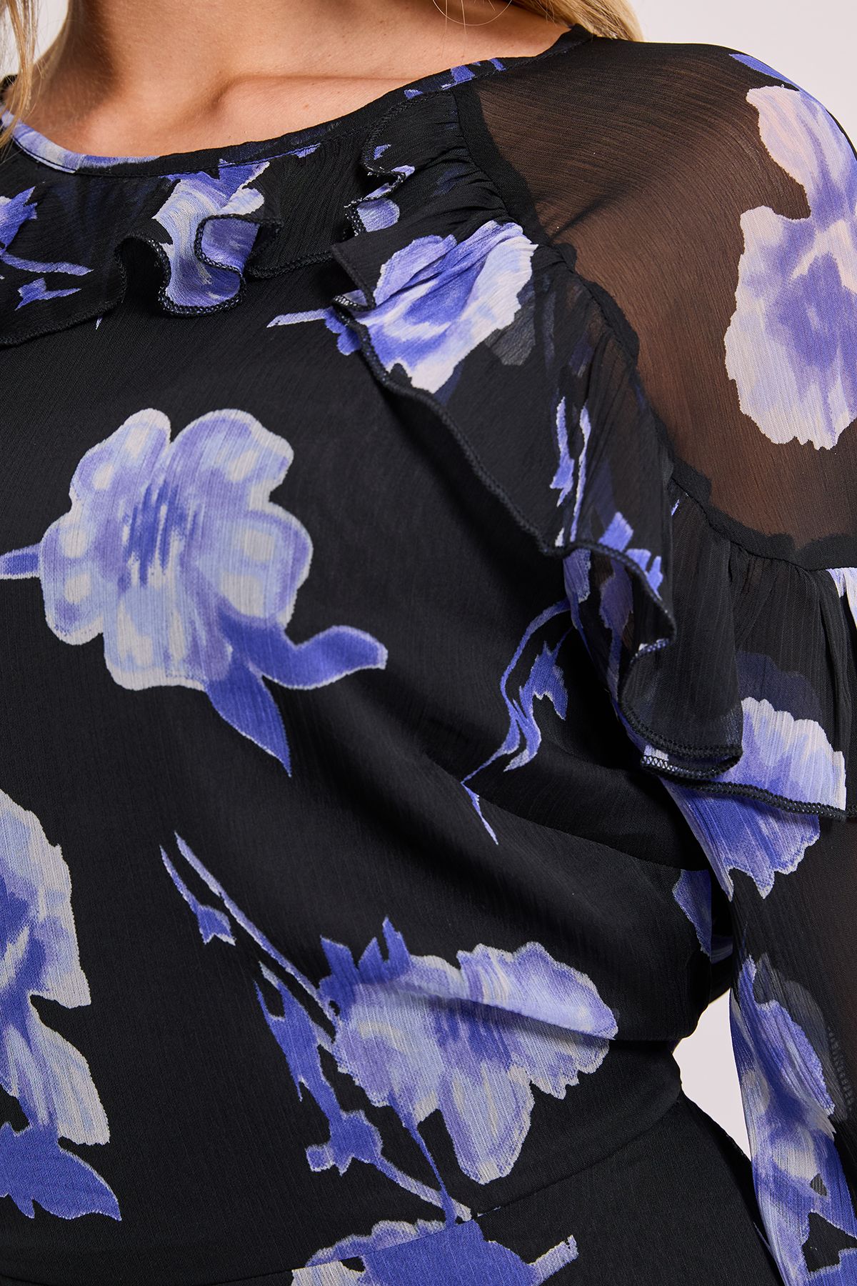 Dorothy Perkins Blue Floral Frill Detail Blouson Sleeve Mini Dress Blue image 4