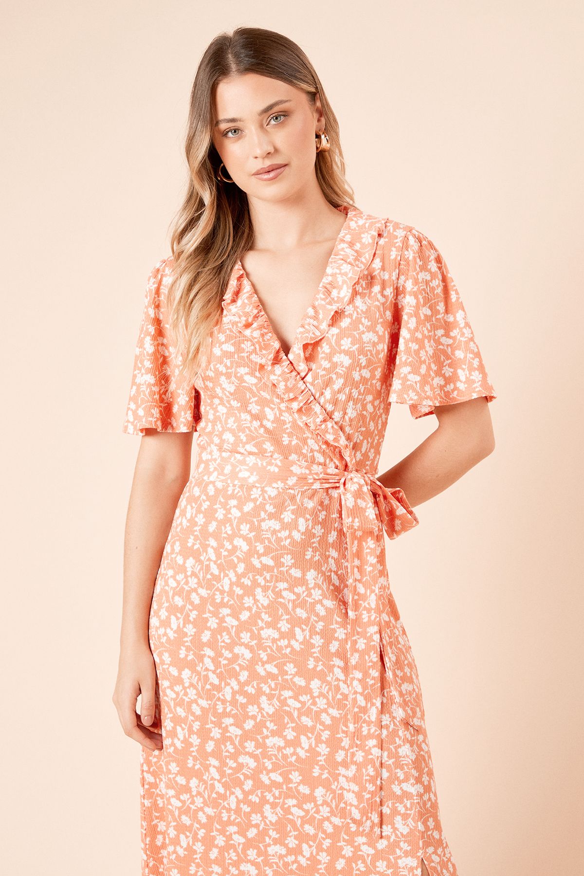 Dorothy Perkins Coral Ditsy Ruffle Neck Angel Sleeve Wrap Jersey Midi Dress Coral image 2