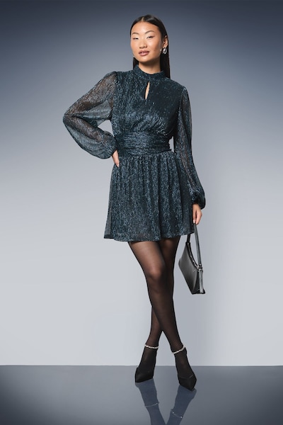 Dorothy Perkins Petite DP Luxe Sparkle Plisse Jersey High Neck Mini Dress Blue