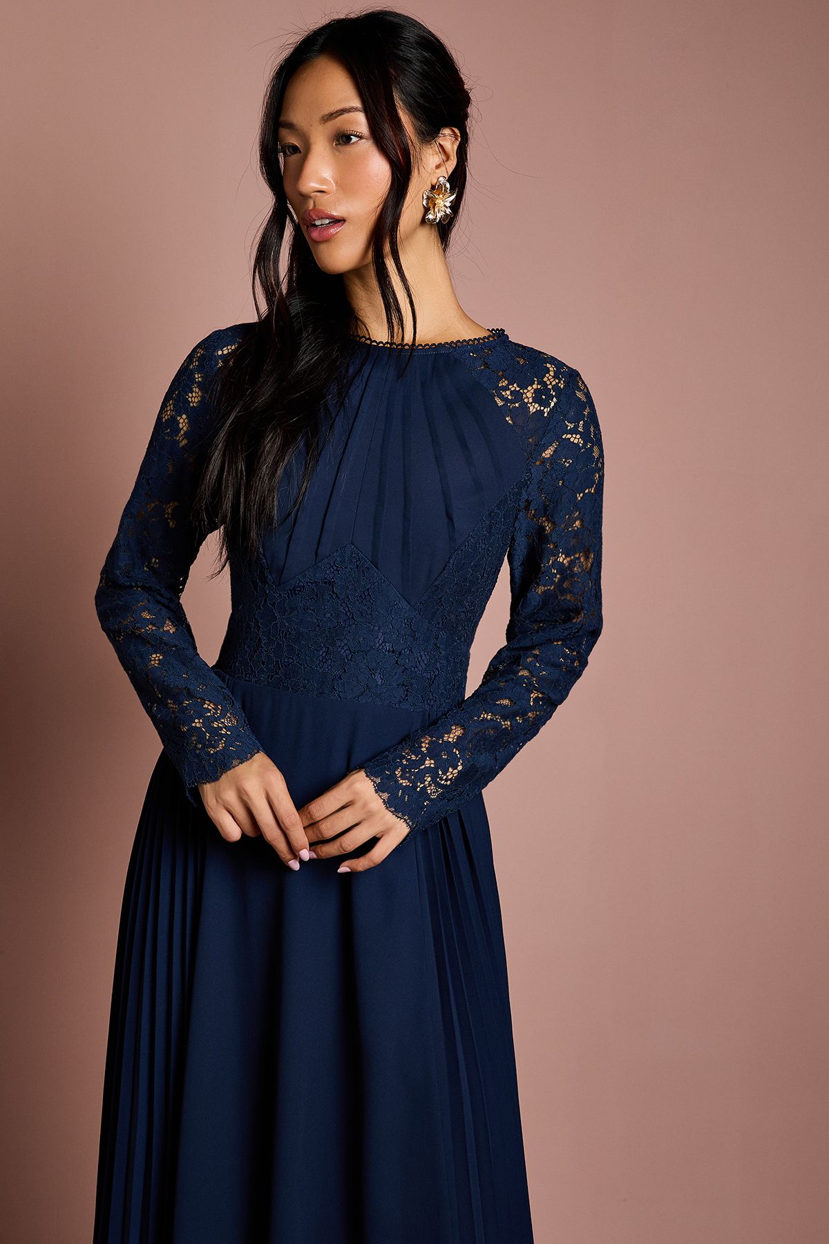 Coast Lace Sleeve Pleat Detail Bridesmaid Dress Navy image 2