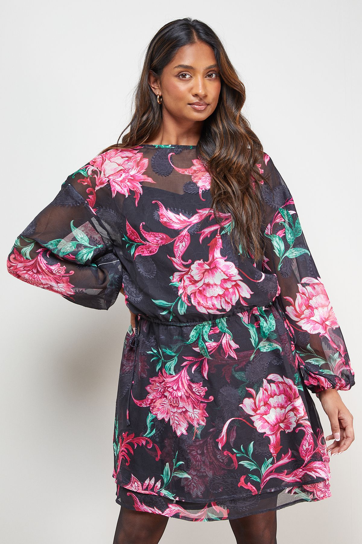 Oasis Printed Boho Tie Sleeve Mini Dress Floral image 1