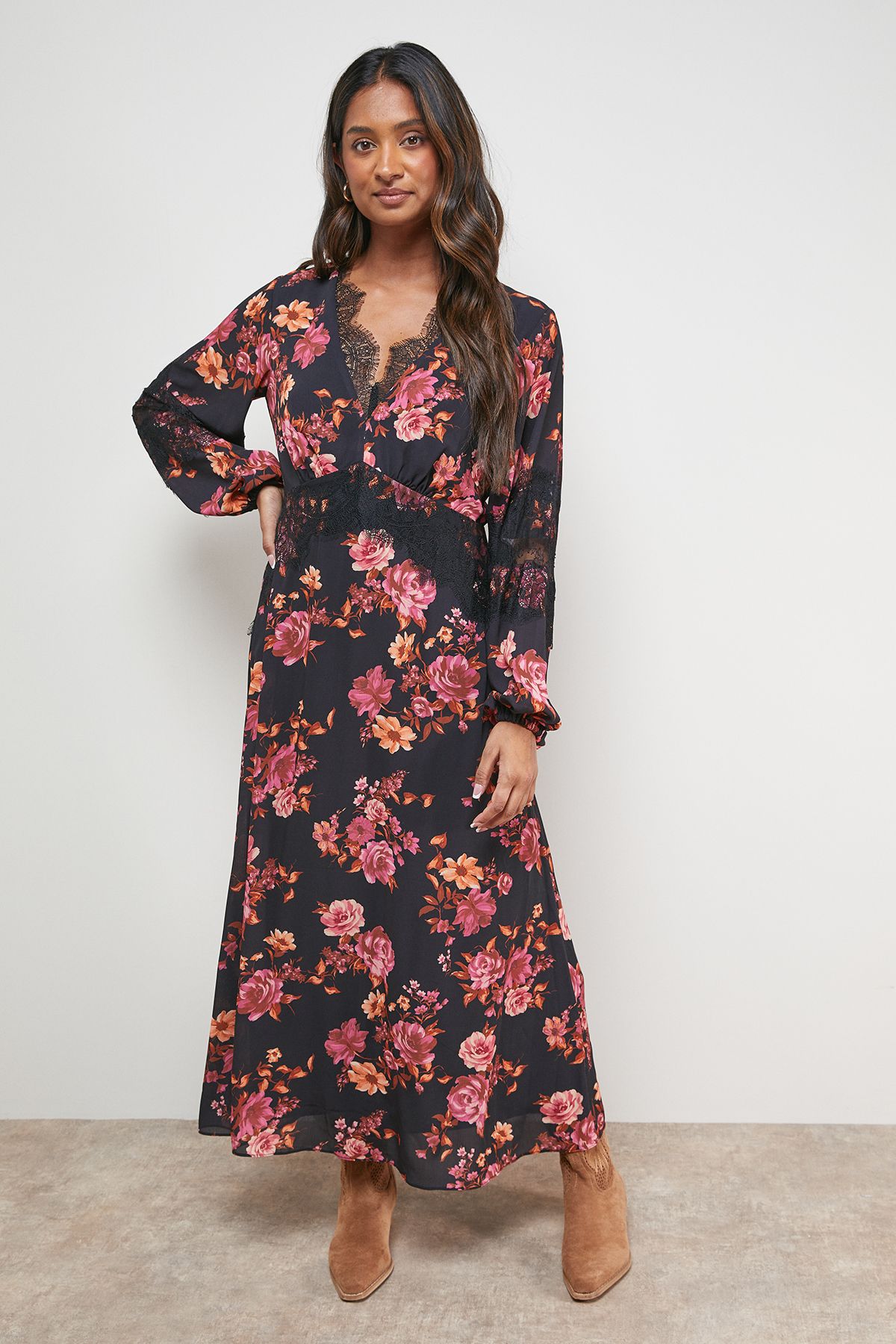 Oasis Printed Lace Insert Bias Midi Dress Floral image 1