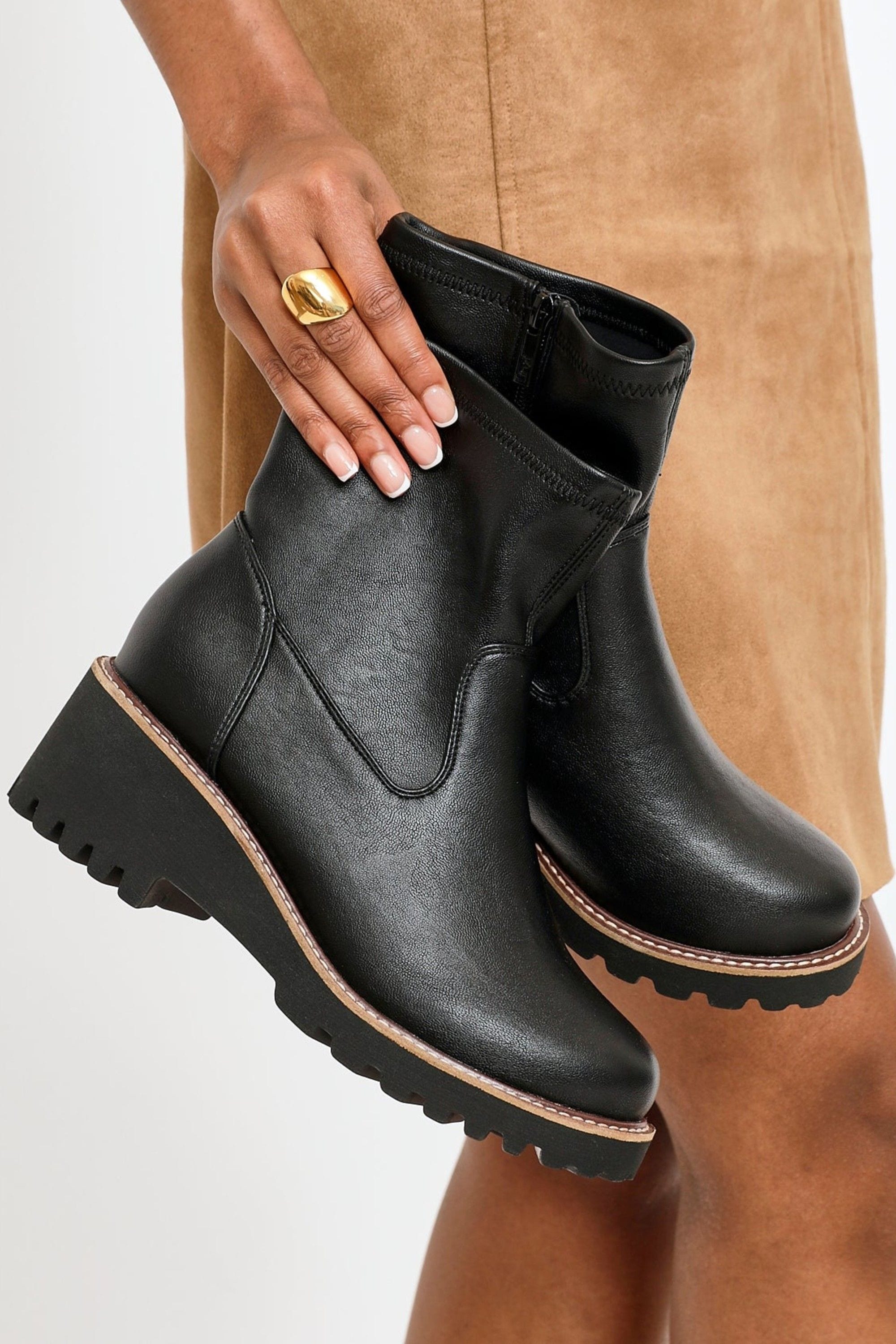 Linzi Pulse Wide Fit Black Faux Leather Wedged Heel Ankle Boot image 2