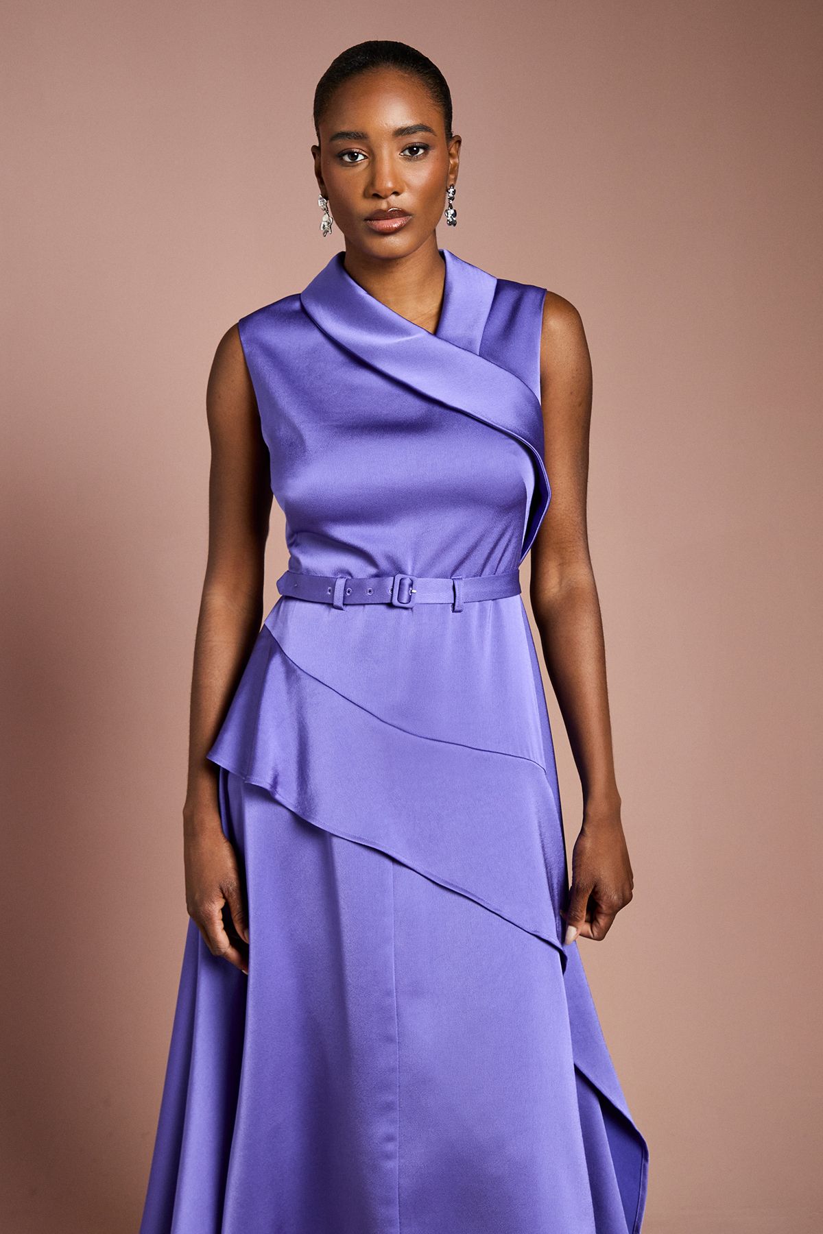Coast Waterfall Ruffle Belted Satin Midi Dress Purple image 2