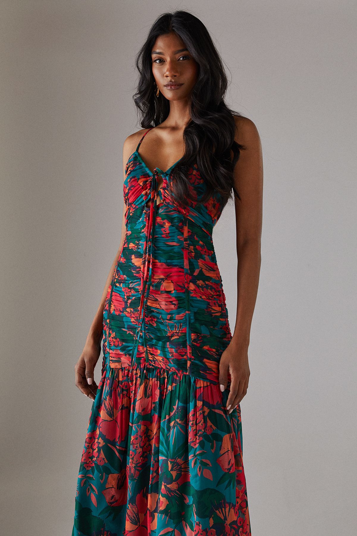 Warehouse Chiffon Gathered Channel Strappy Midi Dress Floral image 4