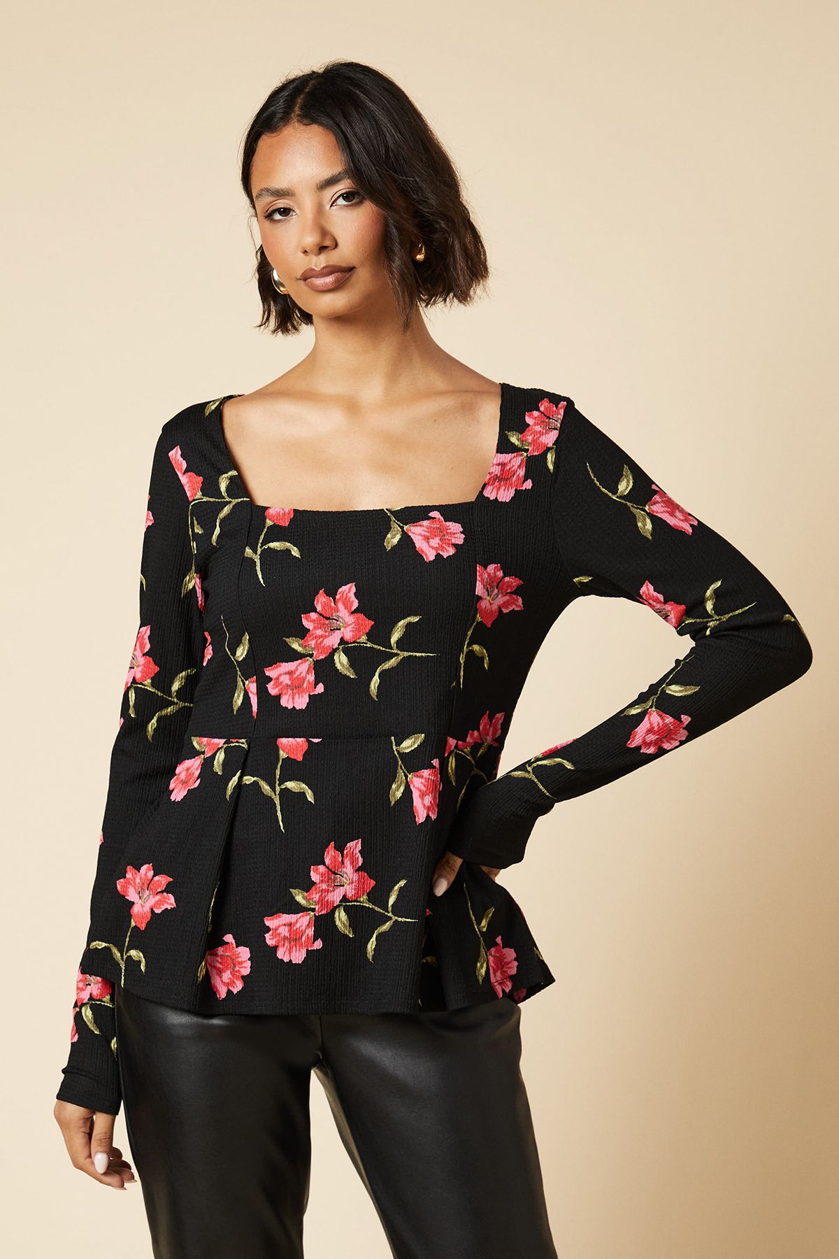 Dorothy Perkins Tall large pink floral Pleated Front peplum long sleeve top Floral image 1