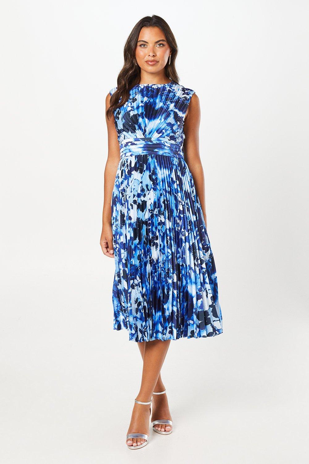 Coast Printed Pleated Satin Midi Wedding Guest Dress Navy image 1