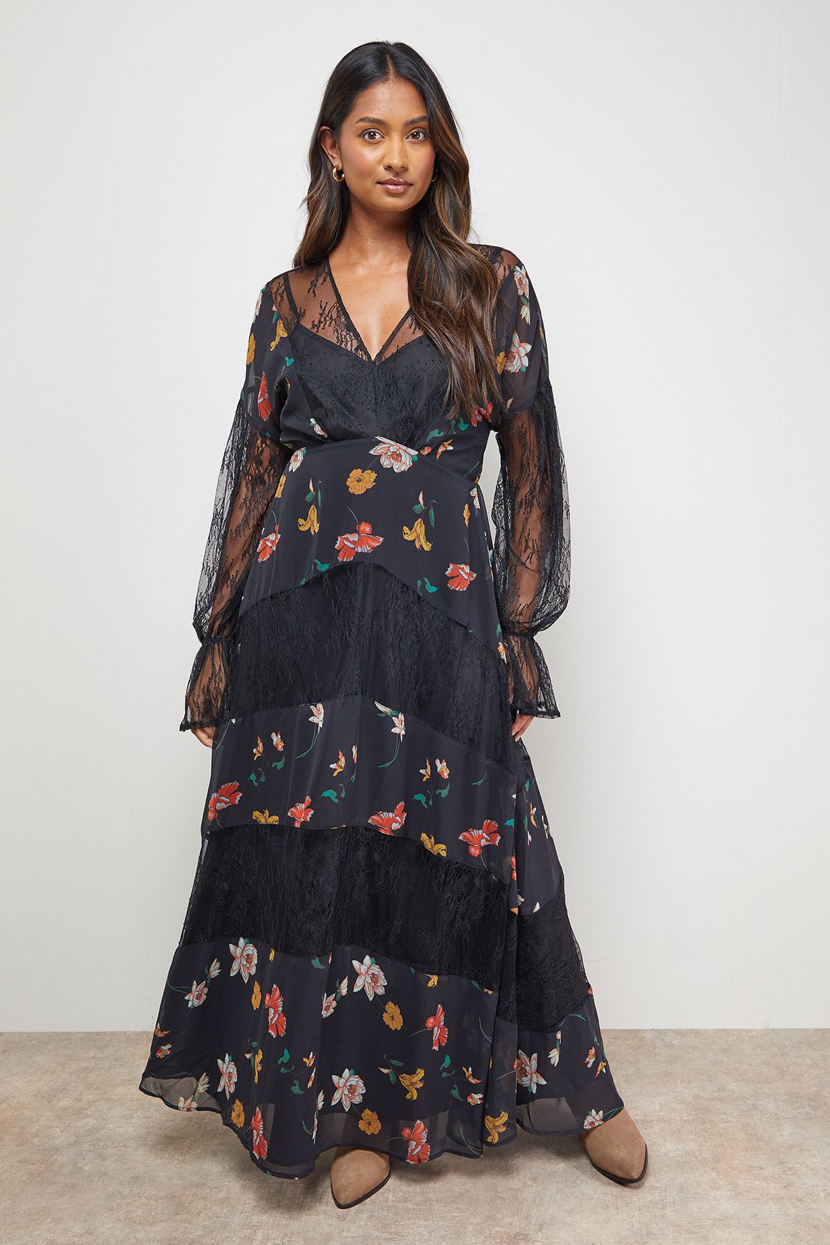 Oasis Printed Lace Panel Detail V Neck Midaxi Dress Multi image 1