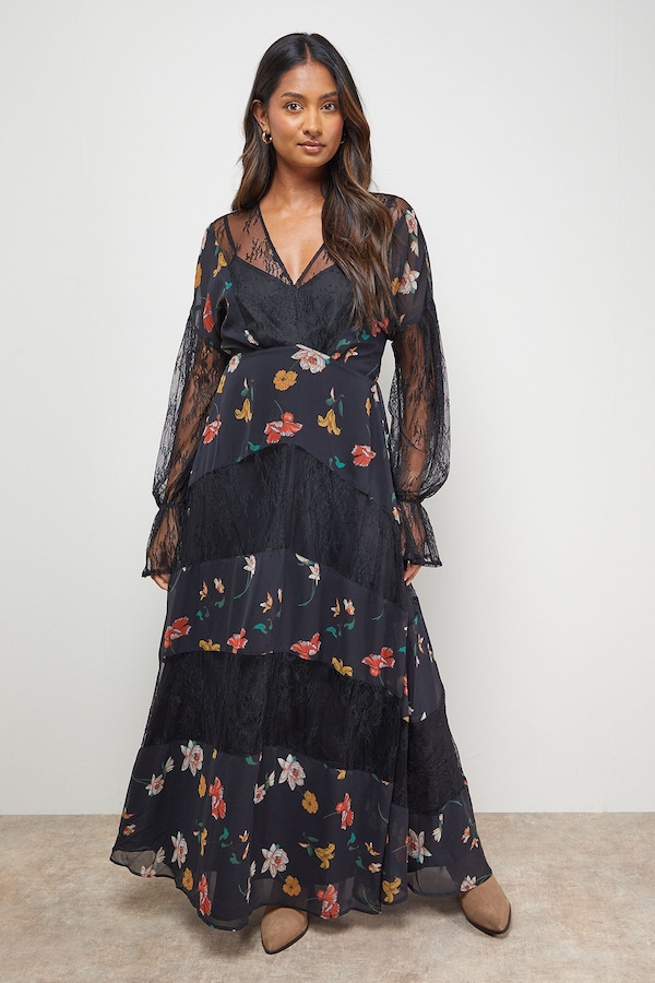 Oasis Printed Lace Panel Detail V Neck Midaxi Dress Multi