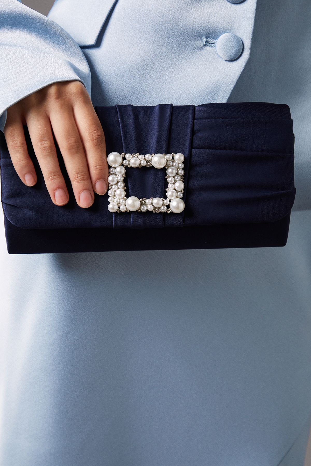 Coast Mandolin Satin Pearl Brooch Clutch Bag Navy image 2