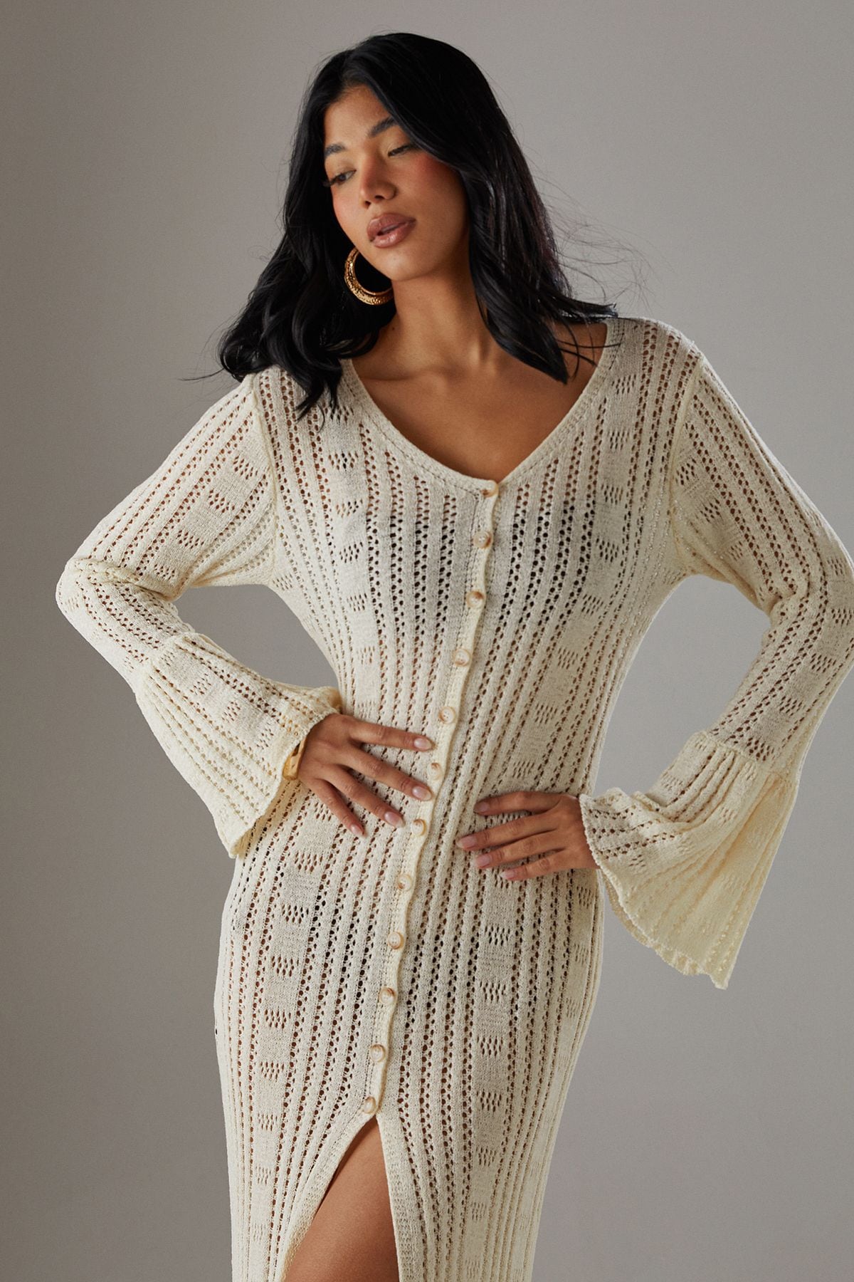 Warehouse Pointelle Button Down Knitted Midaxi Dress Ivory image 3