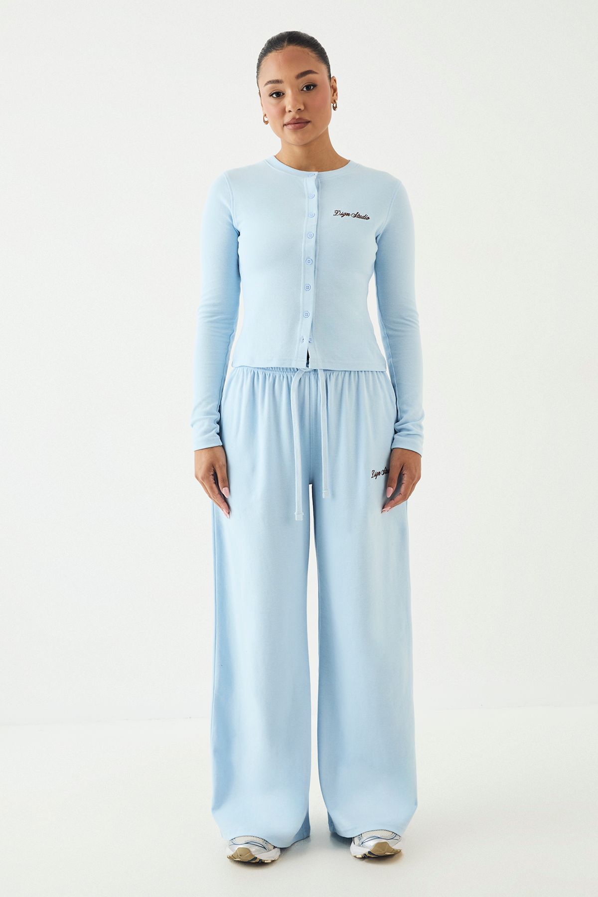 DSGN Studio DSGN Studio Ribbed Script Embroidery Button Through Long Sleeve Top Light Blue image 5