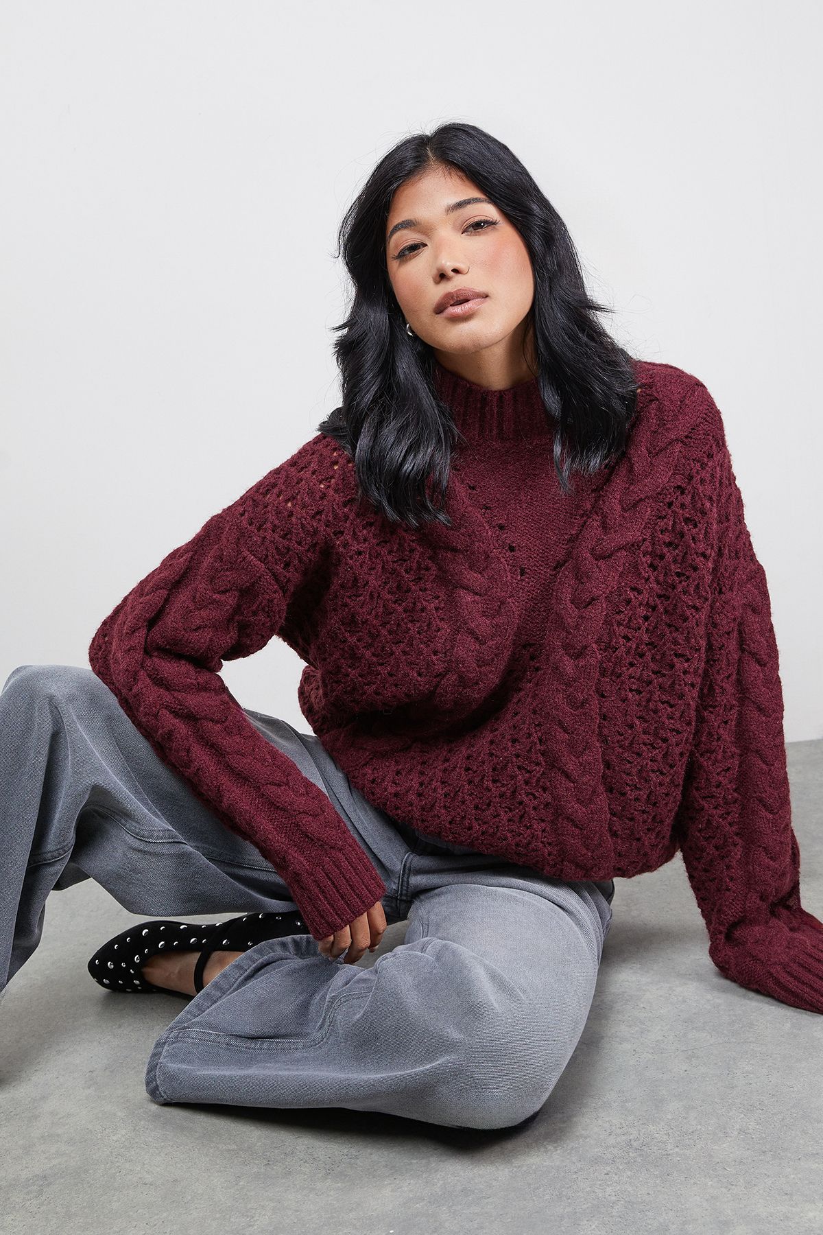Warehouse Chunky Cable Knit Roll Neck Jumper Dark Red image 3