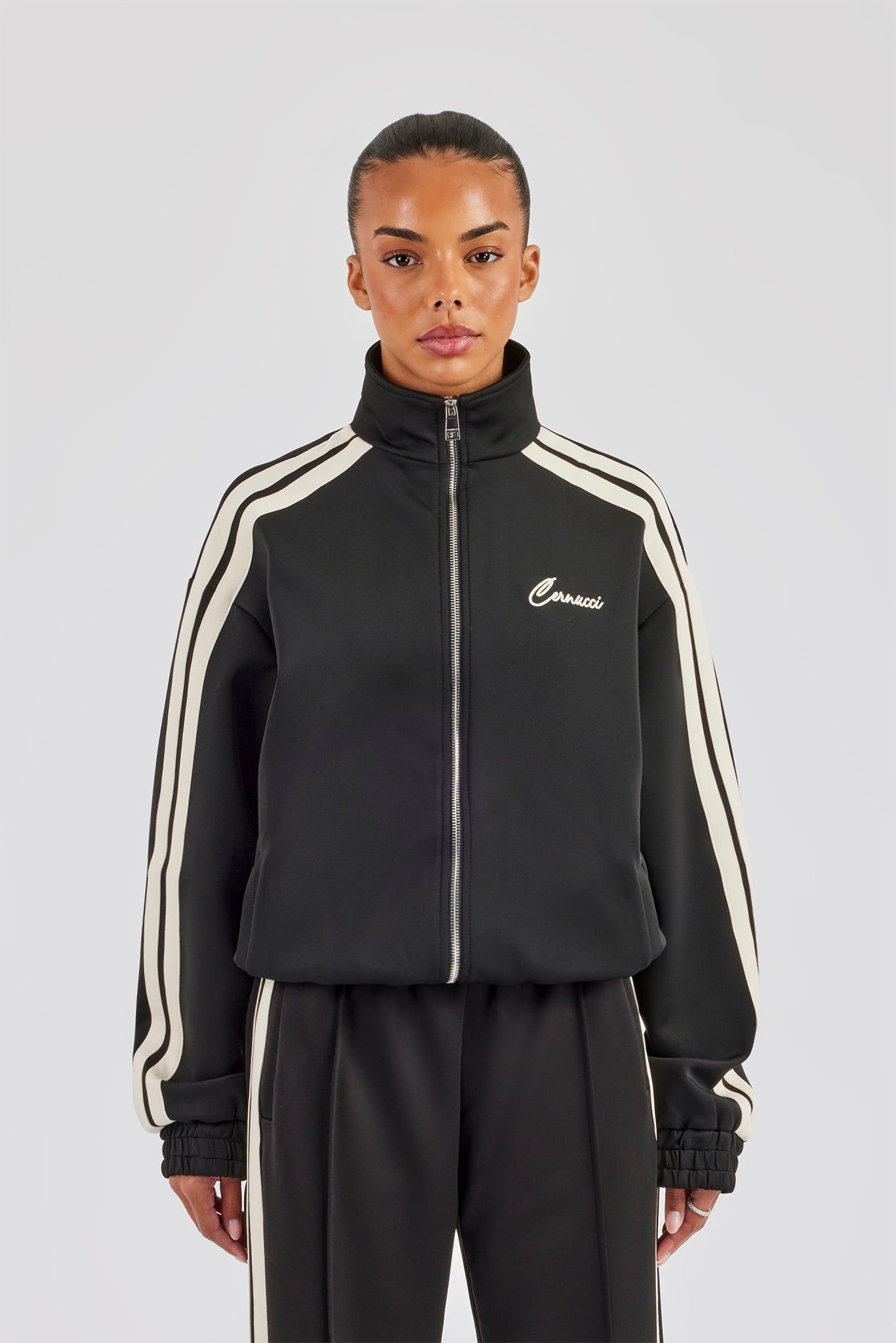 Cernucci Funnel Neck Taping Zip Through Track Jacket - Black image 11