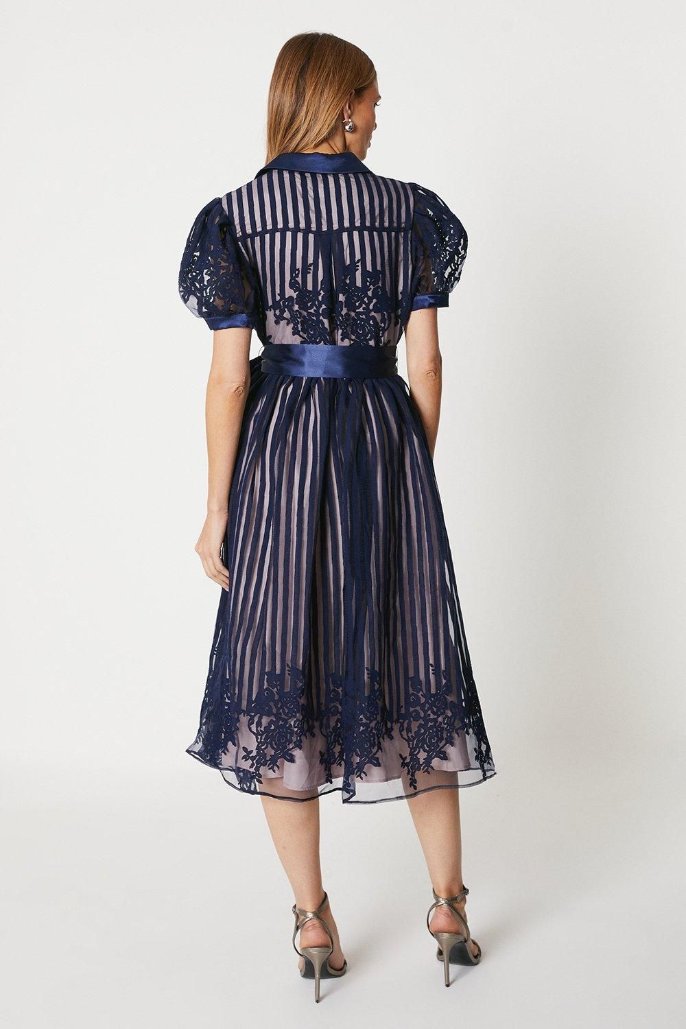Coast Placement Stripe Organza Puff Sleeve Shirt Dress Navy image 3