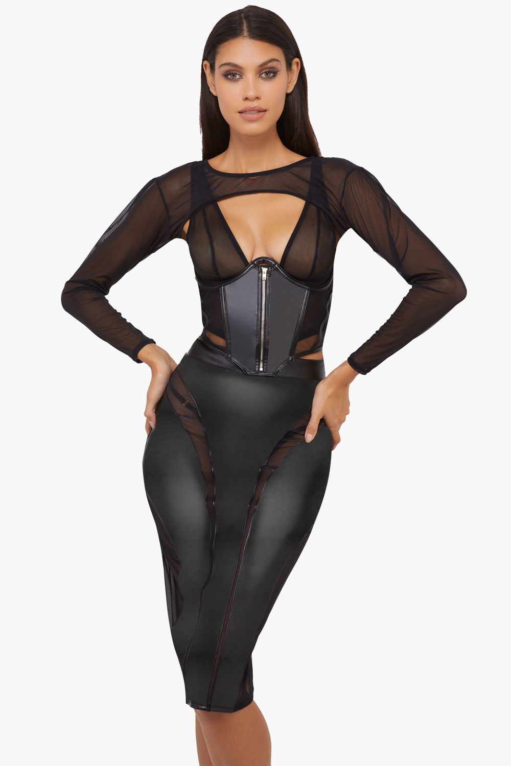 Playful Promises Maeve Black Vegan Leather Mesh Insert 'Pencil Skirt' image 3