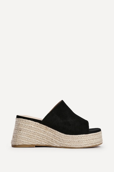 Linzi Espresso Black Faux Suede Espadrille Inspired Mule Wedges