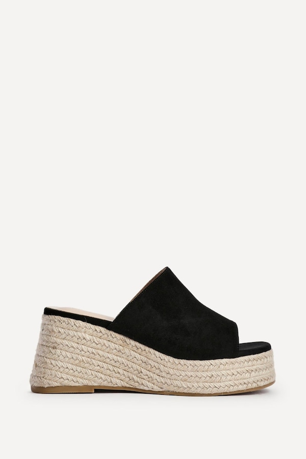 Linzi Espresso Black Faux Suede Espadrille Inspired Mule Wedges