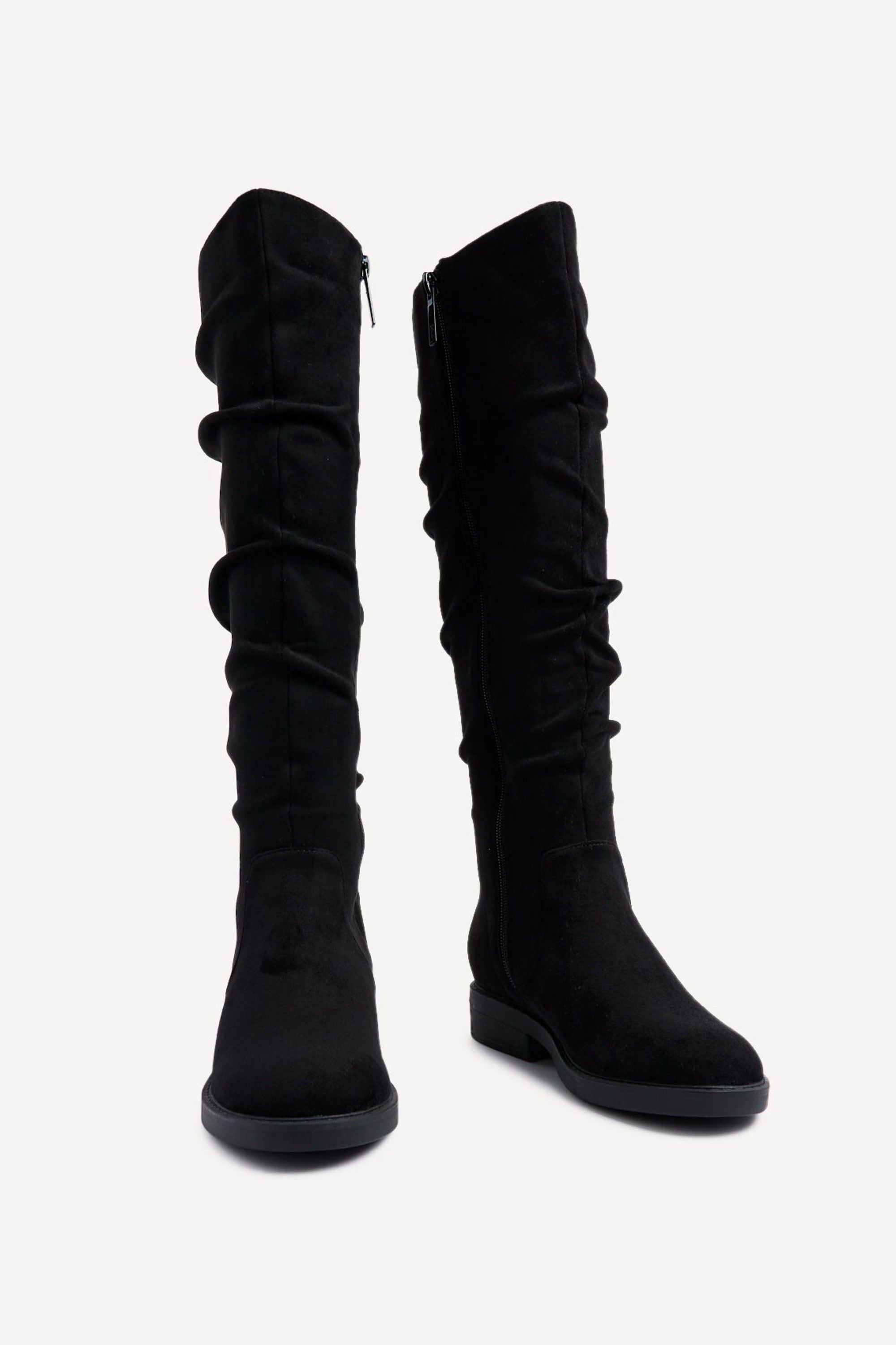 Linzi Liana Black Faux Suede Knee High Flat Ruched Boots image 3