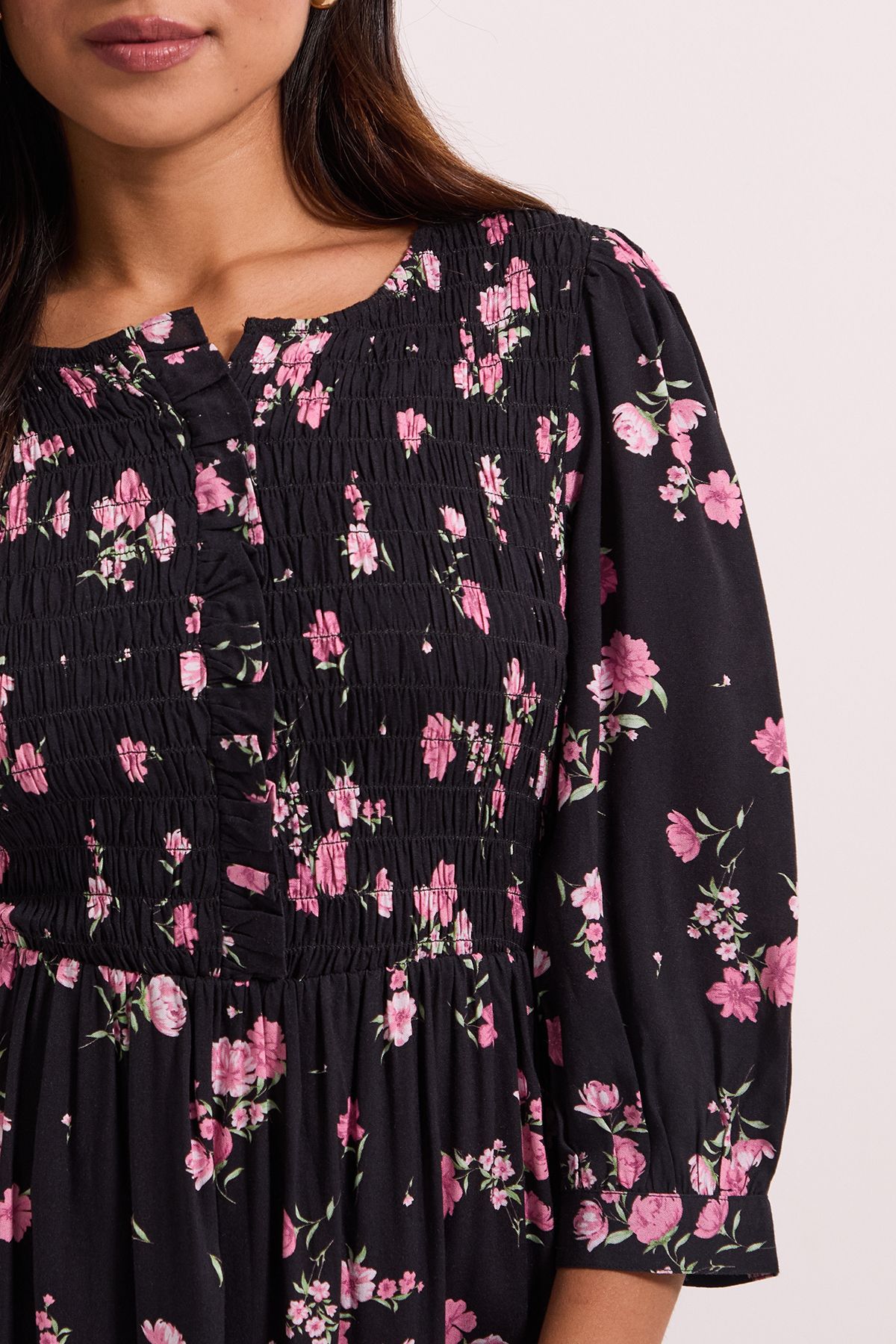 Dorothy Perkins Pink Floral Petite Shirred Bodice Button Detail Midi Dress Pink image 5