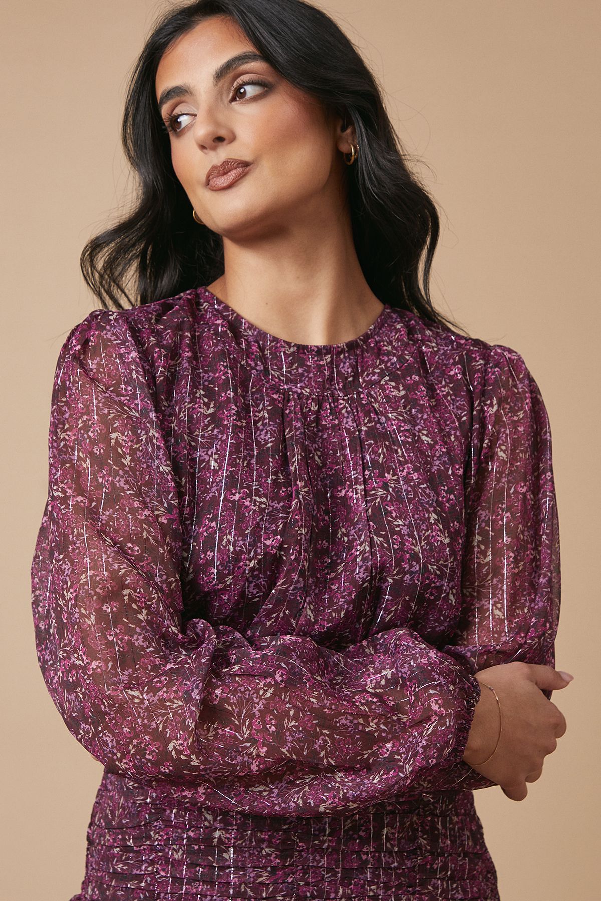 Oasis Ditsy Metallic Chiffon Tiered Mini Dress Floral image 3