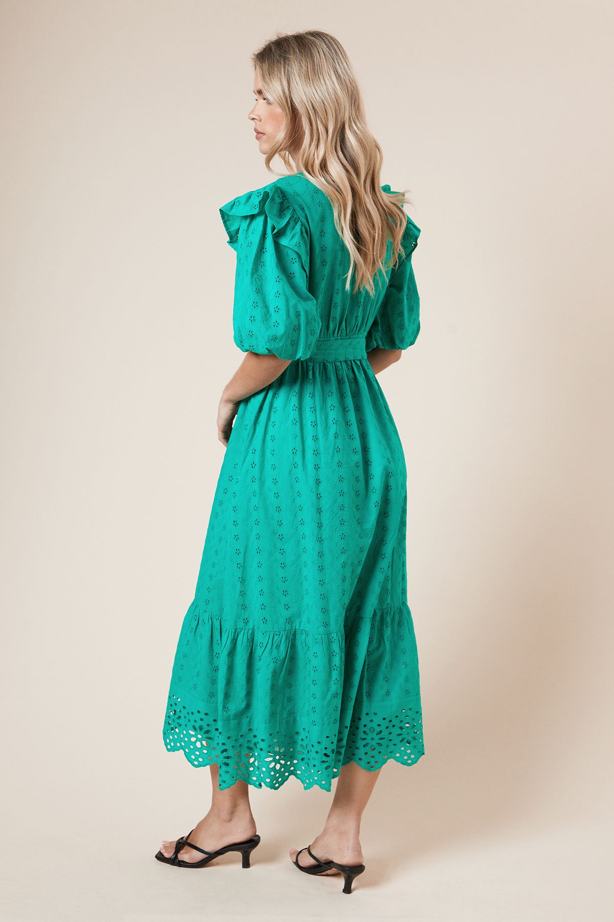 Dorothy Perkins Petite Cutwork Ruffle Puff Sleeve Midi Dress Green image 3