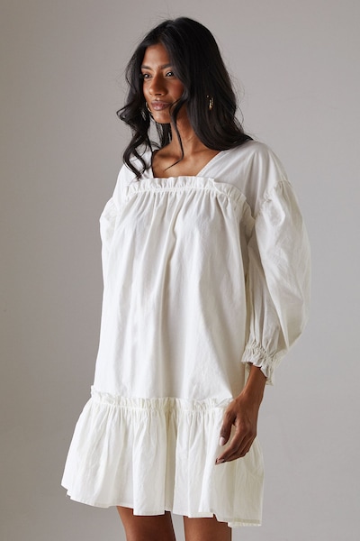 Warehouse Poplin Frill Balloon Sleeve Mini Smock Dress White