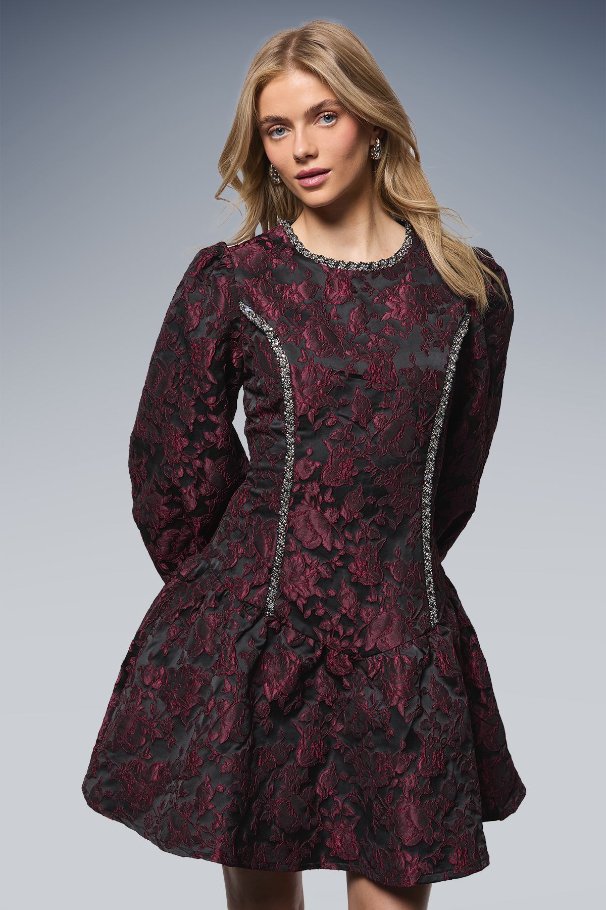 Oasis Embellished Trim Jacquard Mini Dress Red image 2