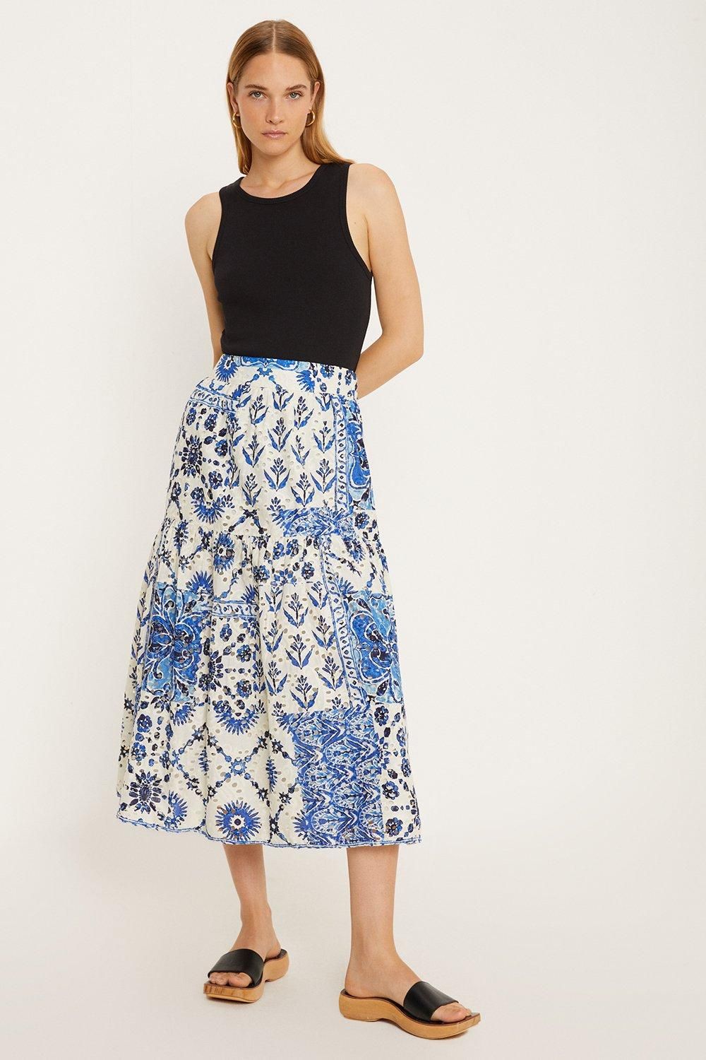 Oasis Blue Printed Broderie Tiered Midi Skirt Blue image 1