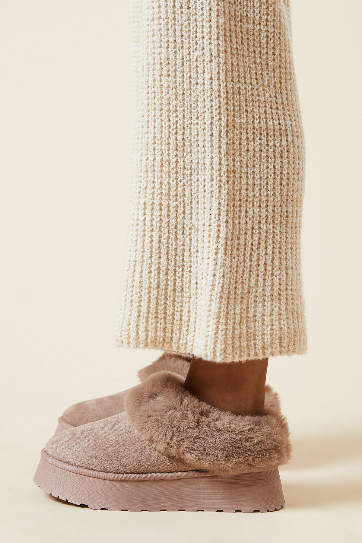 Dorothy Perkins Honora Suedette Faux Fur Lined Mule Slippers Taupe image 1