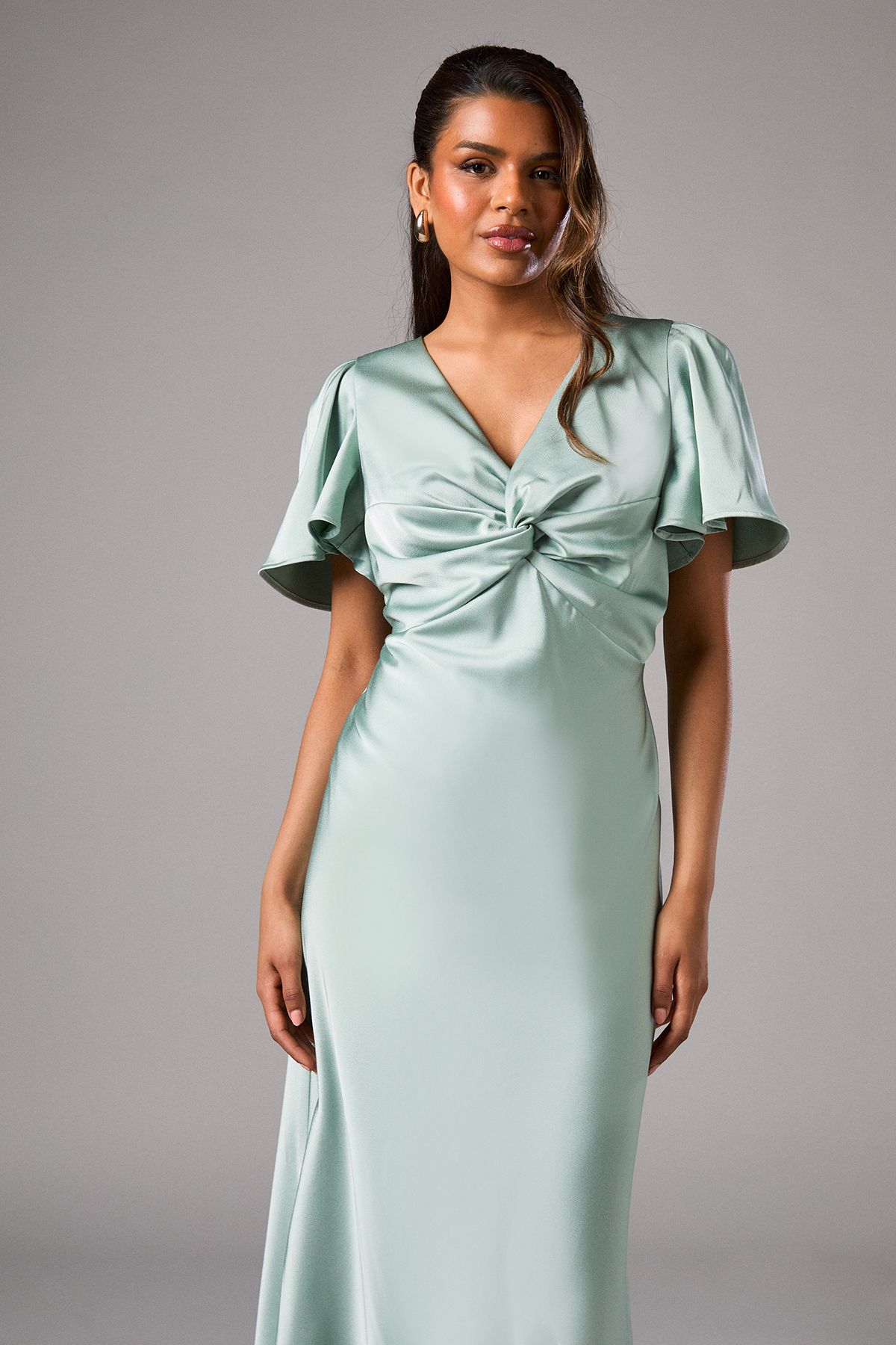 Oasis Oasis by Coast Petite Satin Twist Angel Sleeve Midi Bridesmaid Dress Sage image 4