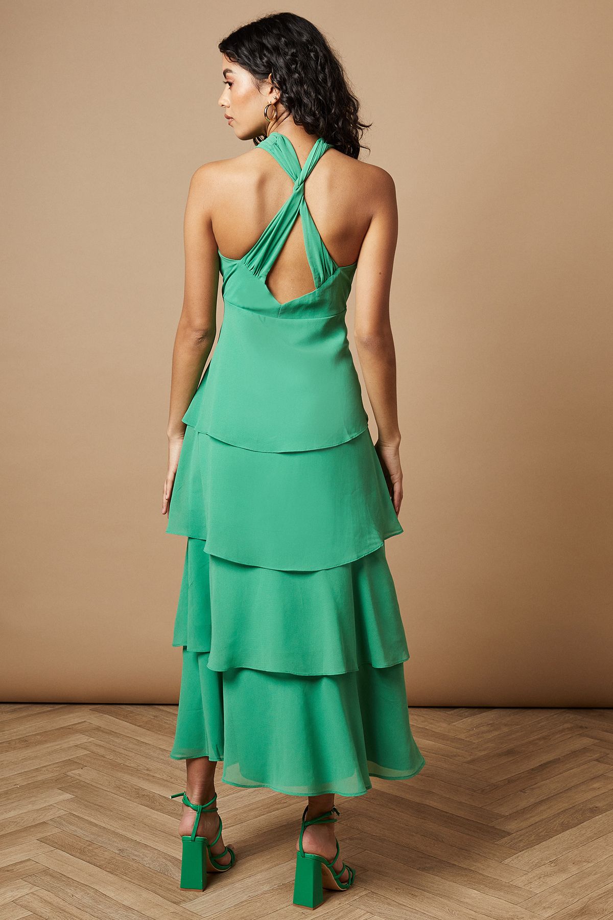 Oasis Petite Halter Neck Cutout Tiered Maxi Dress Green image 3