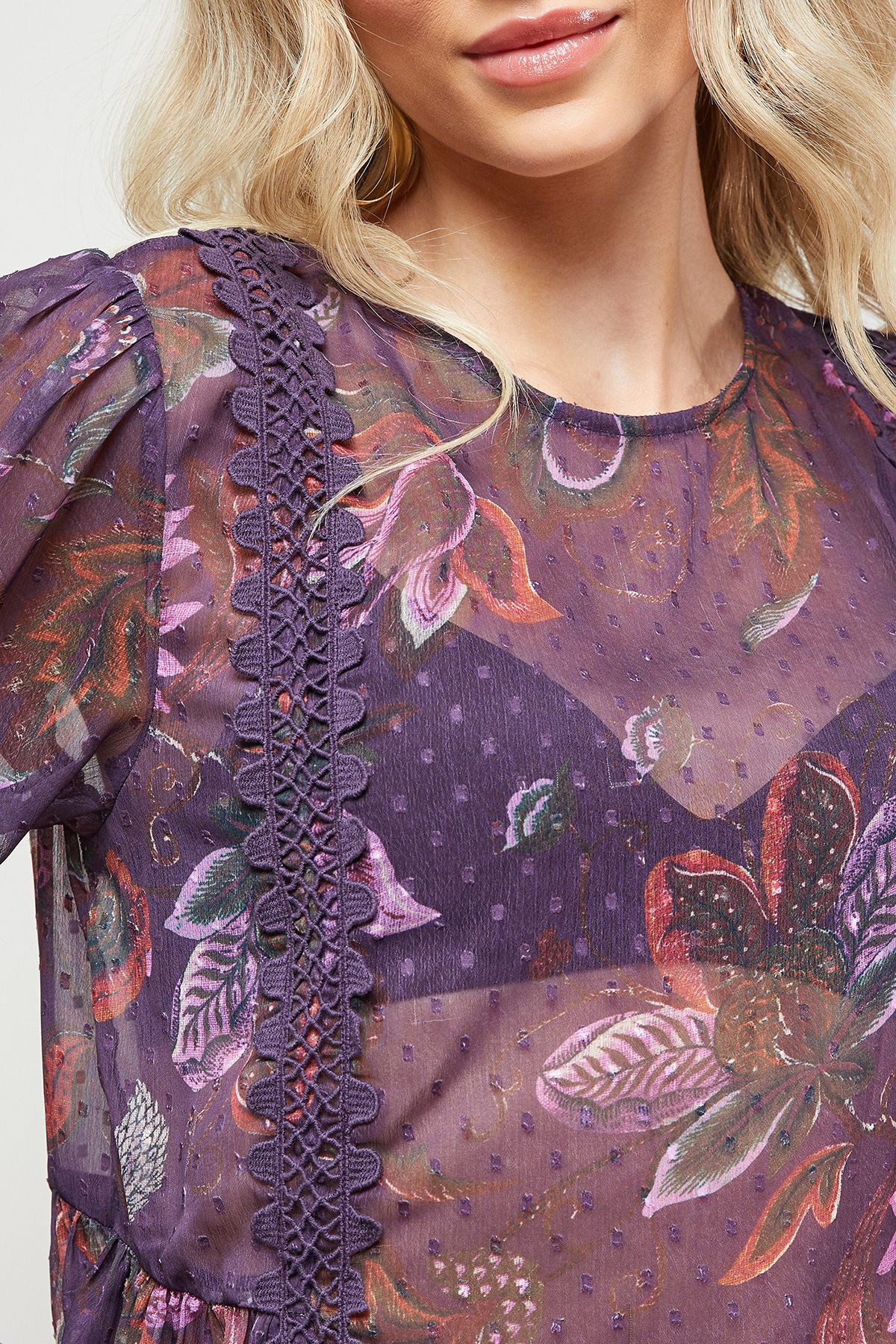 Oasis Printed Lace Detail Dobby Chiffon Blouse Multi image 5