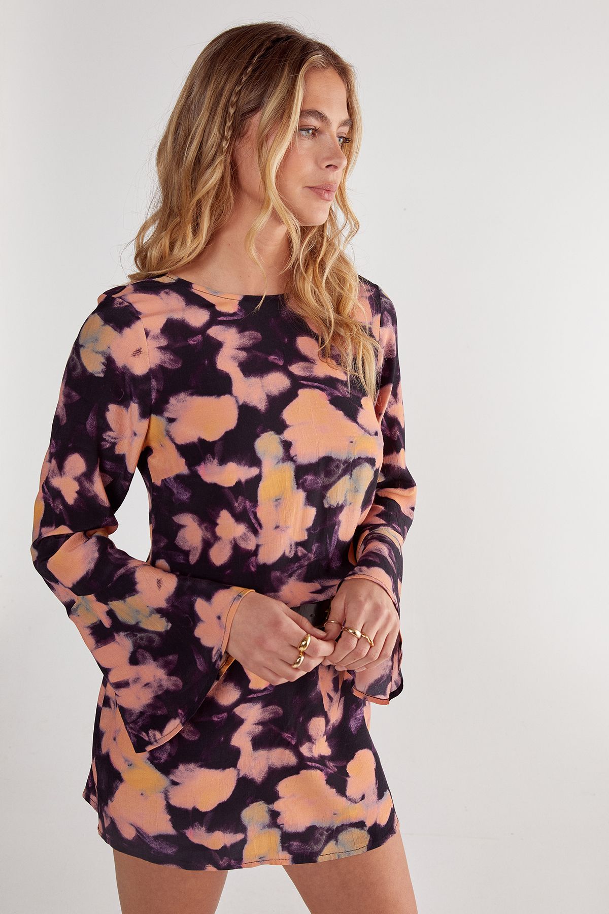 NastyGal Blurred Floral Fluted Sleeve Mini Tunic Dress Black