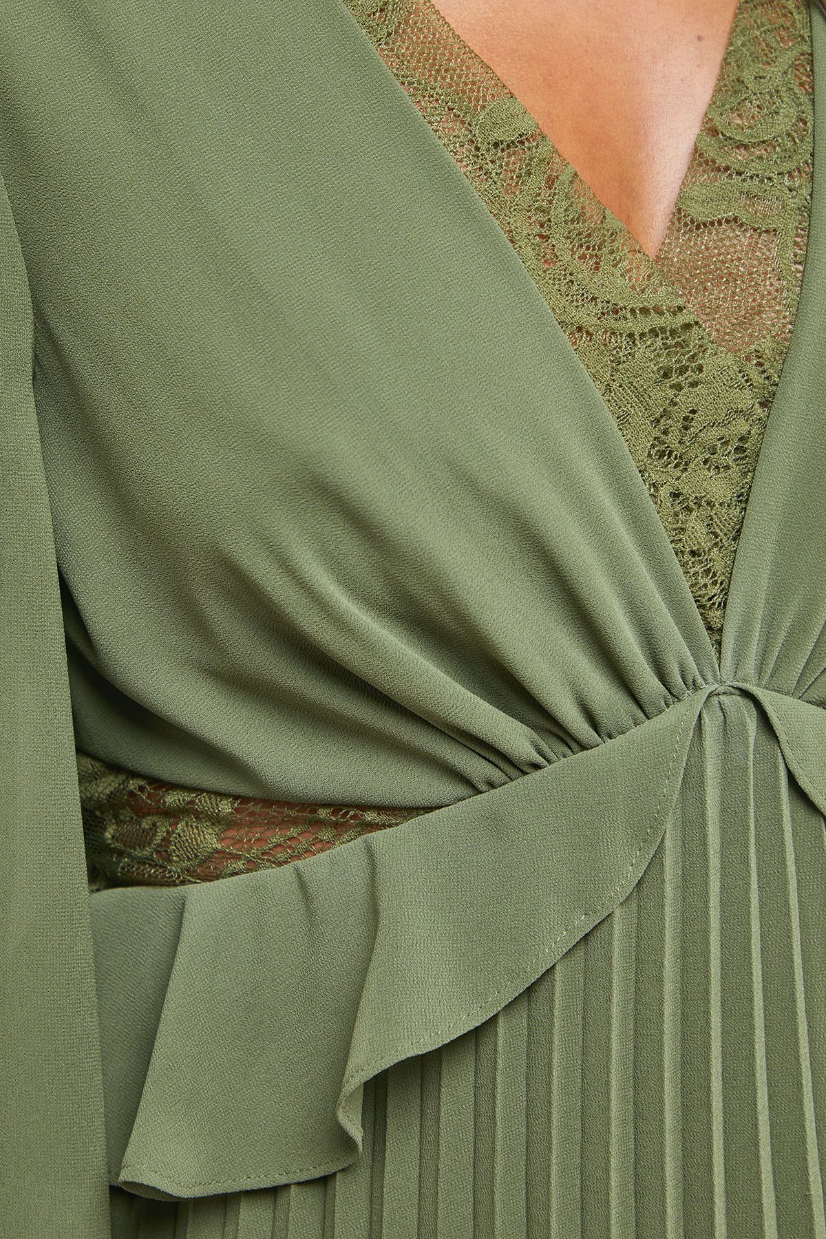 Oasis Lace Insert V Neck Pleated Midi Dress Olive image 5
