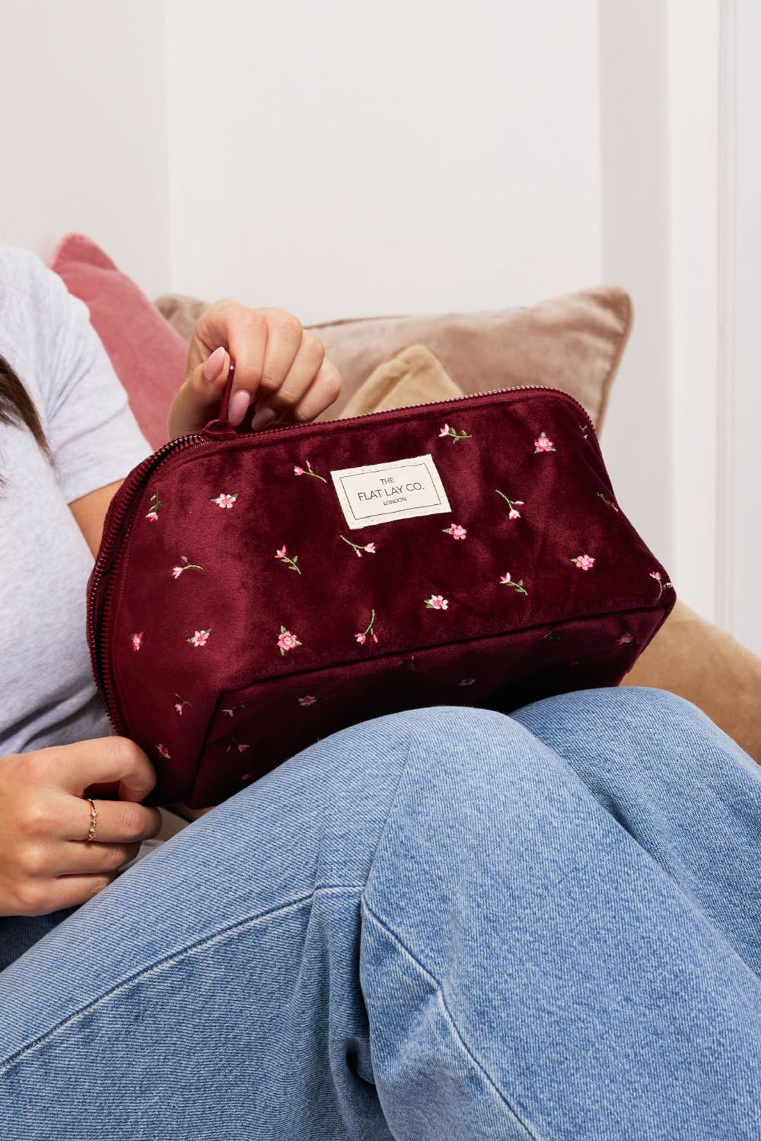 The Flat Lay Co Makeup Box Bag - Ditsy Roses & Flowers Burgundy Embroidered Velvet Multi image 2